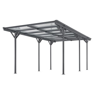Dunkelgrauer Juskys Carport 5x3 m mit Flachdach und Polycarbonatplatten.