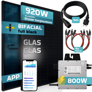 SUNNIVA Balkonkraftwerk 920W mit Wechselrichter, Solarmodulen, Kabeln und App-Steuerung.
