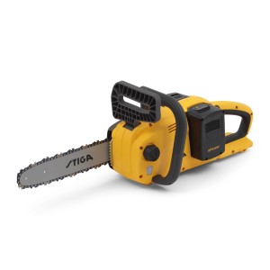 Gelbe Stiga Akku-Kettensäge CS 300e mit Akku und Schwert. Ideal für Gartenarbeiten.