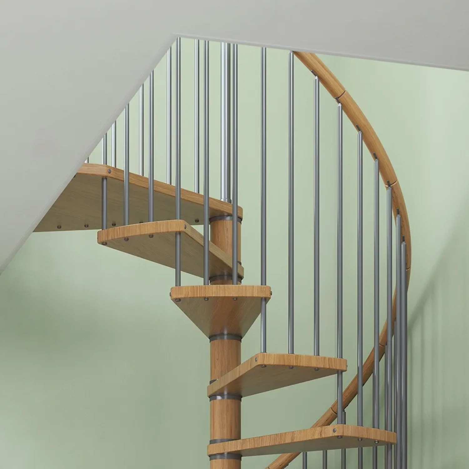 Dolle Spindeltreppe Winnipeg, Eiche geölt, mit grauem Metallgeländer. Innentreppe, Durchmesser 120 cm.