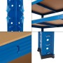 Detailansicht: Blaues Werkstattregal mit MDF-Böden, Stecksystem und Kunststofffüßen.