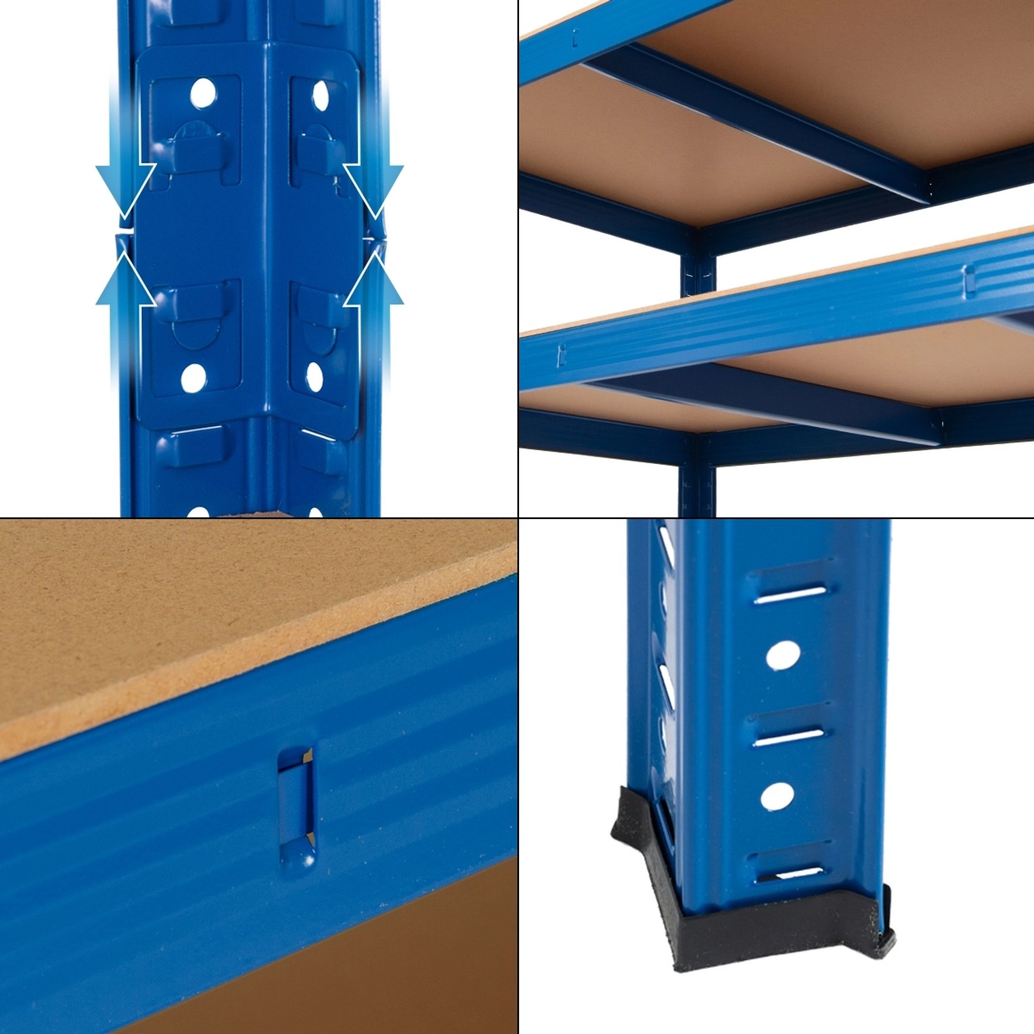 Detailansicht: Blaues Werkstattregal mit MDF-Böden, Stecksystem und Kunststofffüßen.
