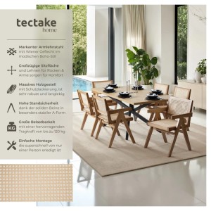 Tectake Armlehnstuhl Lissy im Boho Stil aus heller Eiche mit Wiener Geflecht an Rückenlehne und Sitzfläche im Esszimmer.