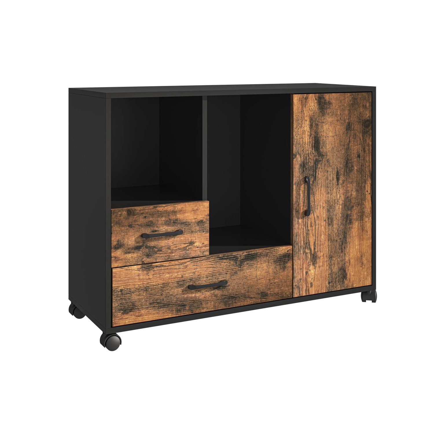 Relaxdays Rollcontainer Holzwerkstoff Schwarz 2 Schubladen 4 Fächer 70 cm x 90 cm x 35 cm 25,7 kg
