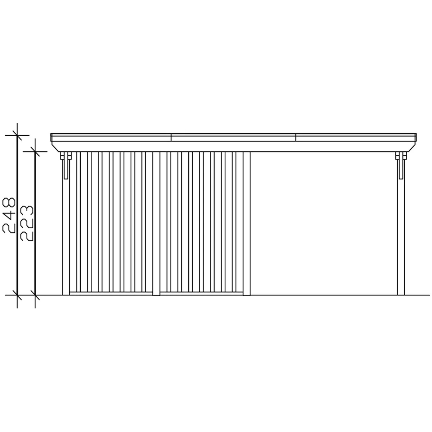 Technische Zeichnung: Skan Holz Carport Emsland mit Abstellraum, Seitenansicht mit Höhenangaben.
