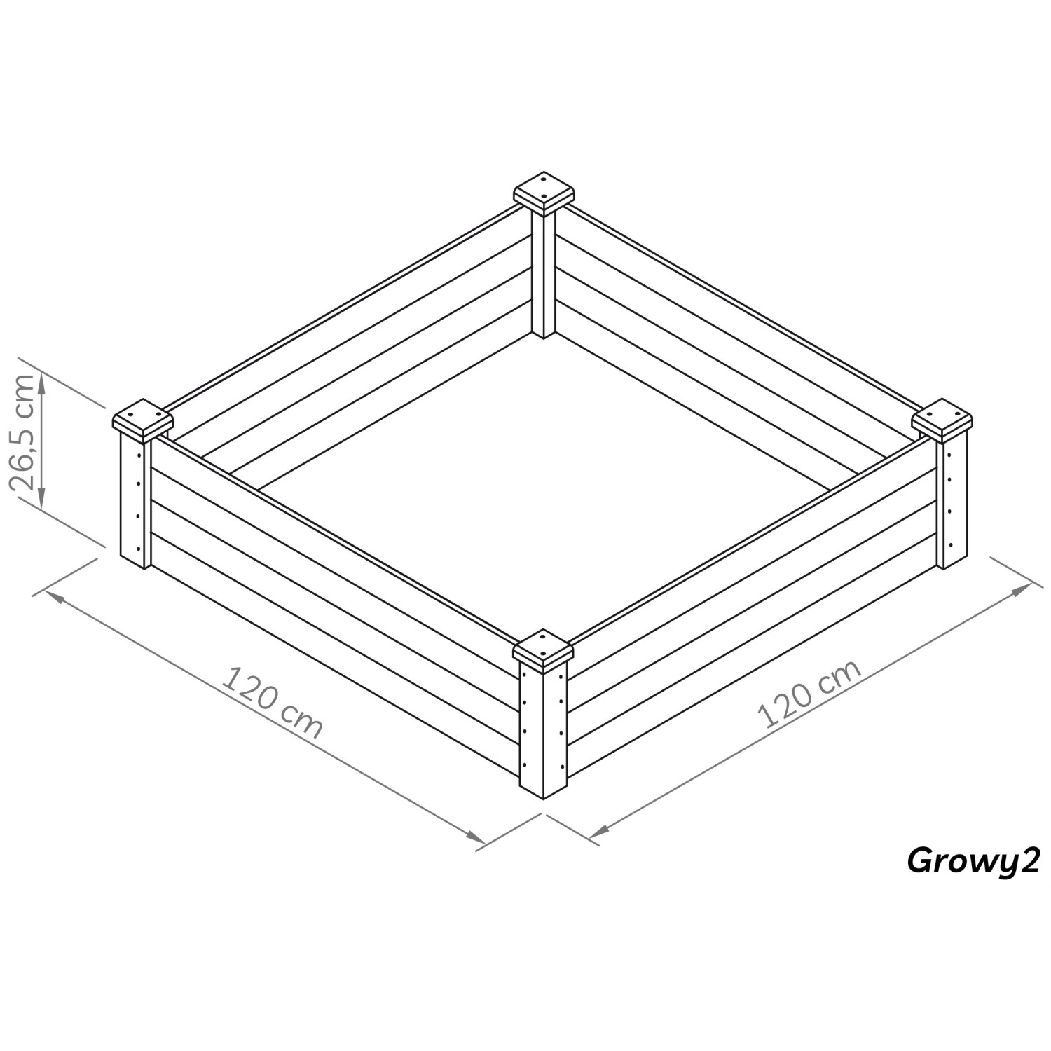 Skizze des needs&wants Hochbeet Pflanzbeet Growy2, Holz, 120x120x26,5 cm.