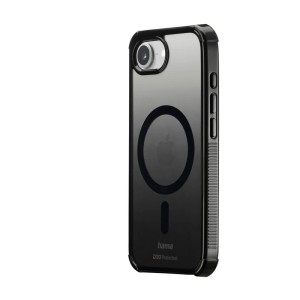 Schwarze Hama Extreme Protect Handyhülle für Apple iPhone 16e/17e. Transparent, magnetisch, D3O-Schutz, verstärkte Ecken.