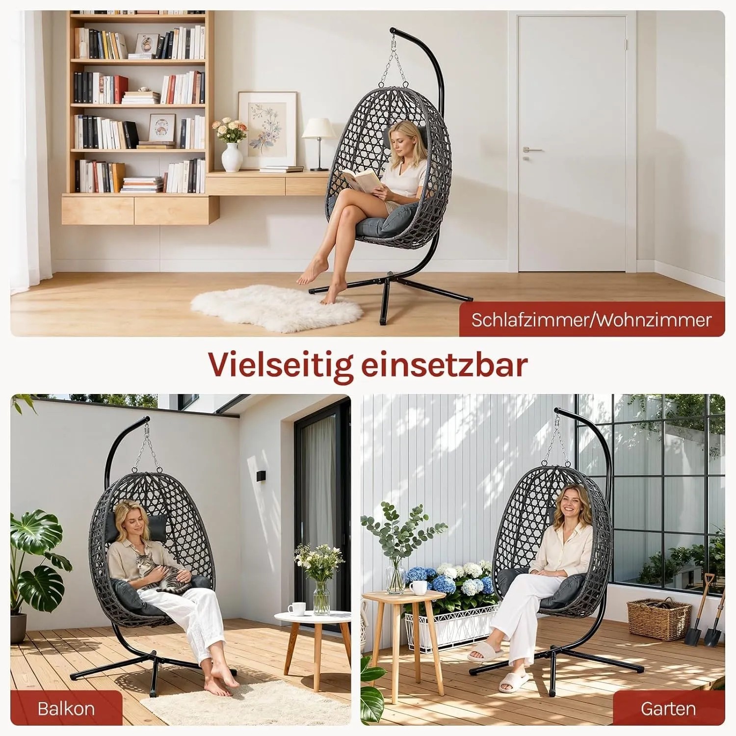 WOLTU Hängesessel aus schwarzem PE-Rattan mit Kissen, auf Standfuß, vielseitig innen & außen.