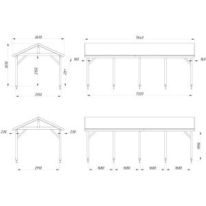 Technische Zeichnung Palmako Carport Robert 315x732cm, naturbelassen, mit Maßangaben.