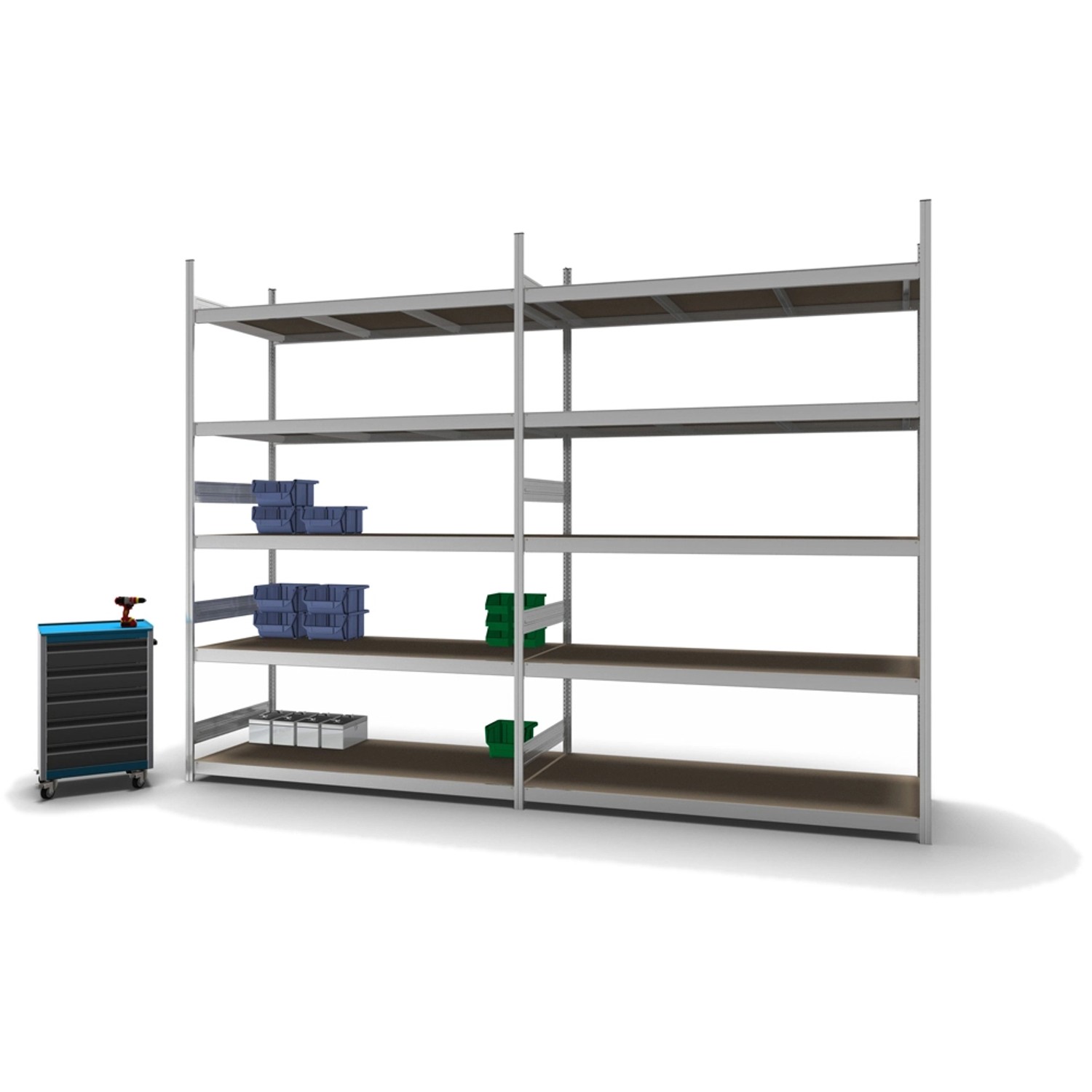 Verzinktes PROREGAL Weitspannregal mit 5 Ebenen und Werkzeugwagen, ideal für Lager und Werkstatt.