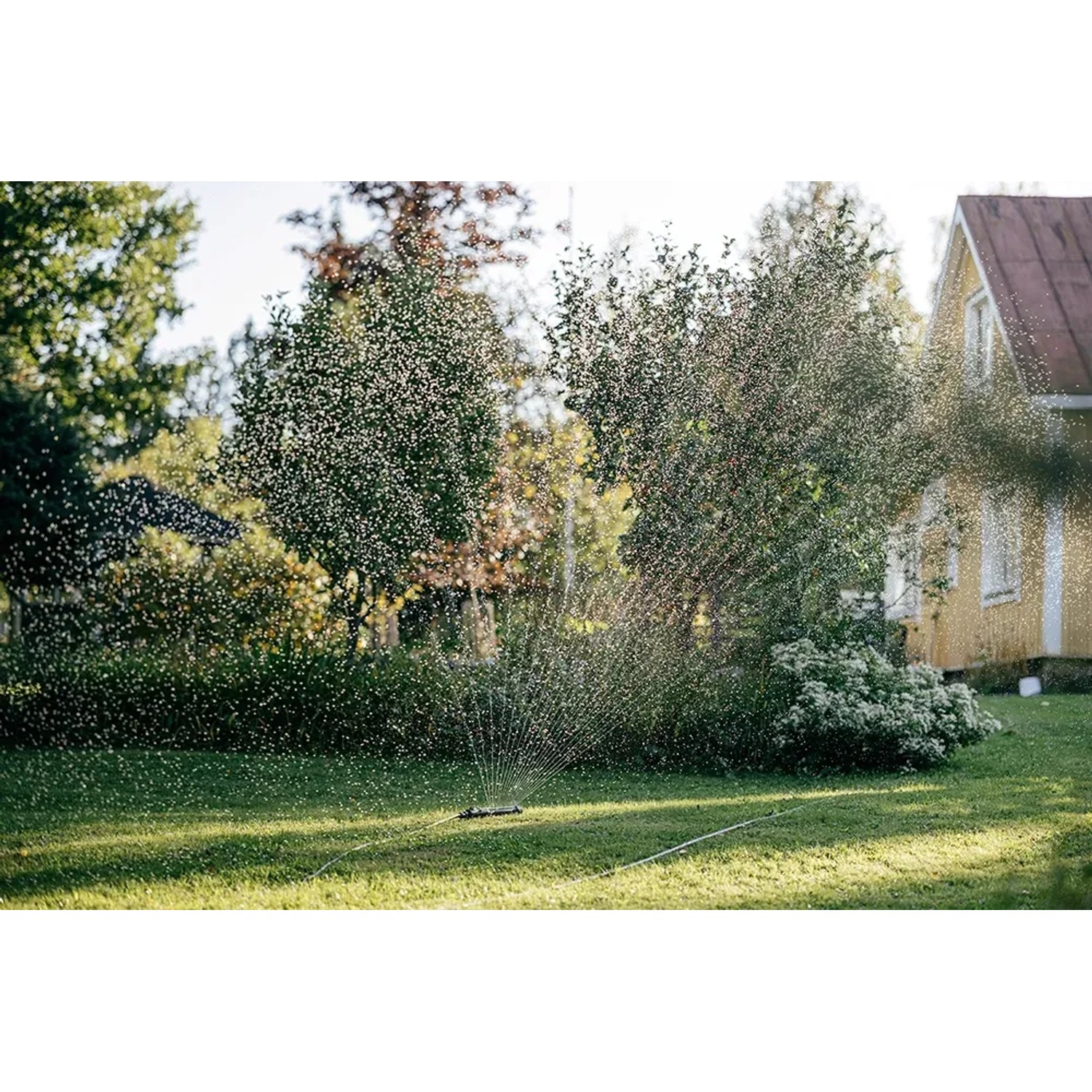 Fiskars Comfort S-L oszillierender Regner bewässert Rasenfläche im Garten.