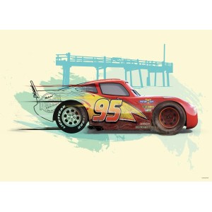 Disney Cars Fototapete mit Lightning McQueen in Rot, Blau und Creme-Beige, 70x50 cm.