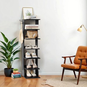 Schwarzes Songmics Schuhregal Island mit 7 Ebenen, Schuhen und Accessoires.