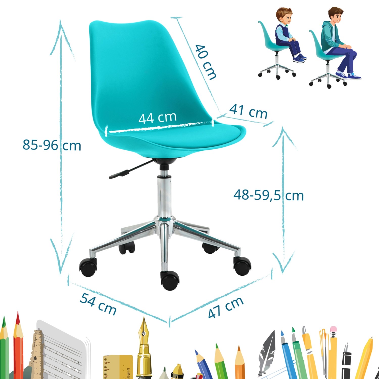 Türkiser Svita Eddy Kinderschreibtischstuhl, höhenverstellbarer Drehstuhl für Kinder.