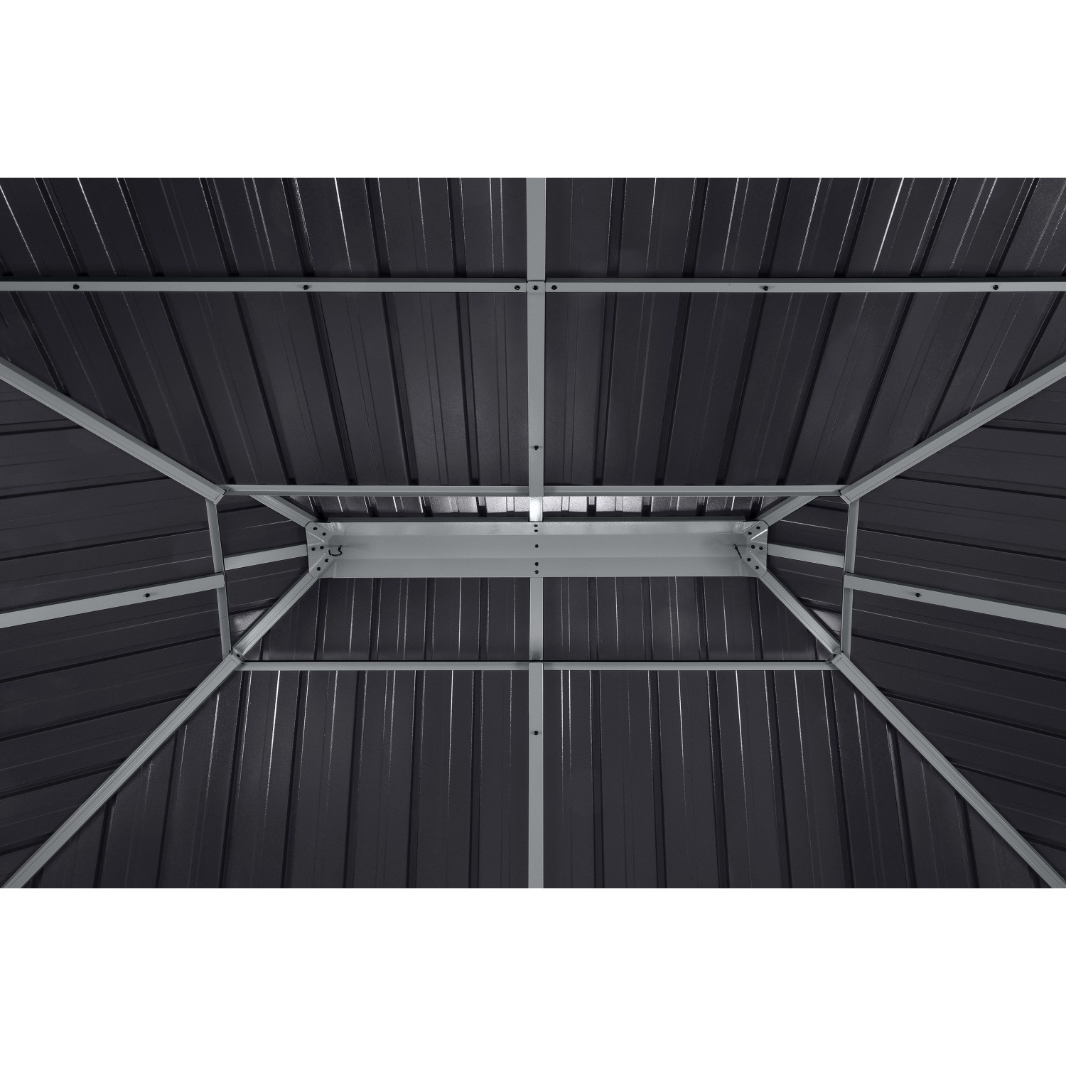 Innenansicht des Sojag Pavillon Olan 1014, schwarz, mit Dach aus Stahlblech und Aluminiumkonstruktion.