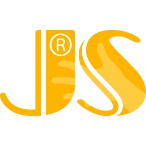 Orange-gelbes Logo mit den Buchstaben JS und ®-Symbol für Staffl Schweißerhandschuhe, Größe 9.