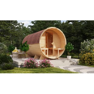 Karibu Fass-Sauna 3, naturbelassen, aus Holz im Garten. Gartensauna mit Ofen und Platz für 4 Personen.