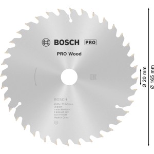 Silbernes Bosch Kreissägeblatt Optiline Wood, Ø 165 mm, mit präzisen Carbide-Zähnen für saubere Holzschnitte.