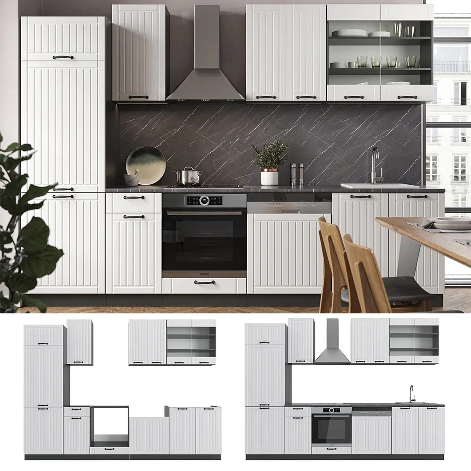 Vicco Fame-Line Küchenzeile, 300 cm, Landhaus Weiß/Anthrazit, ohne Arbeitsplatte.