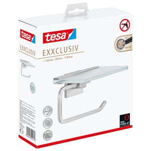 Tesa Exxclusiv Toilettenpapierhalter mit Ablage in Edelstahloptik, zur Wandmontage ohne Bohren.