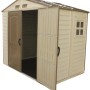 Duramax Kunststoff-Gartenhaus StoreAll, beige, 3,9 m², mit geöffneten Doppeltüren.