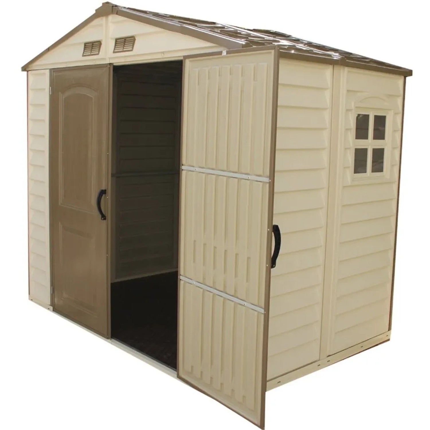 Duramax Kunststoff-Gartenhaus StoreAll, beige, 3,9 m², mit geöffneten Doppeltüren.