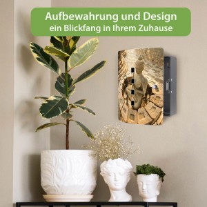 Banjado Design Schlüsselkasten aus Edelstahl, schwarz, mit Motiv 'Sitzender Buddha' an der Wand, als Garderoben-Blickfang.