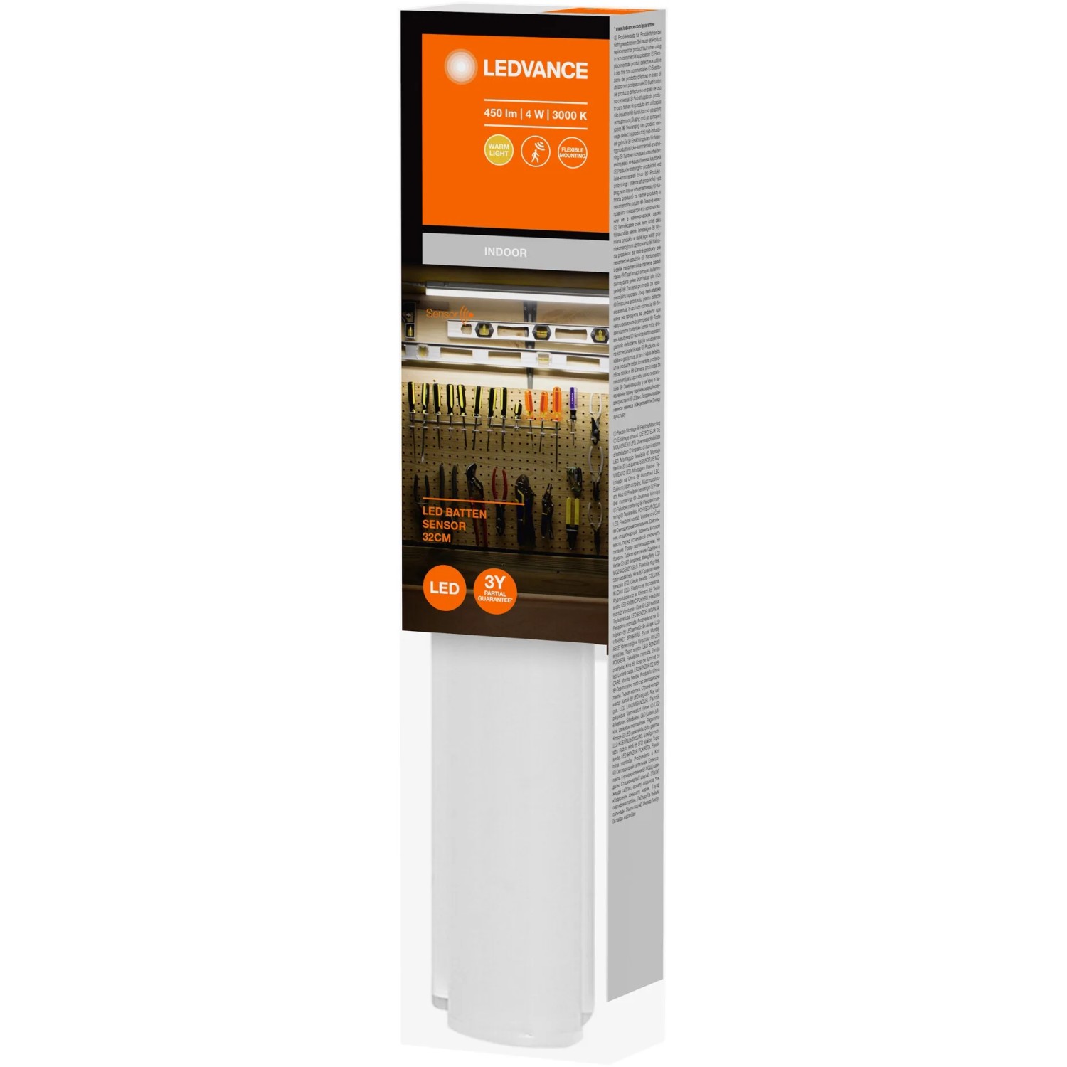 Verpackung der Ledvance LED-Unterbauleuchte Batten Sensor, 32 cm, Weiß.