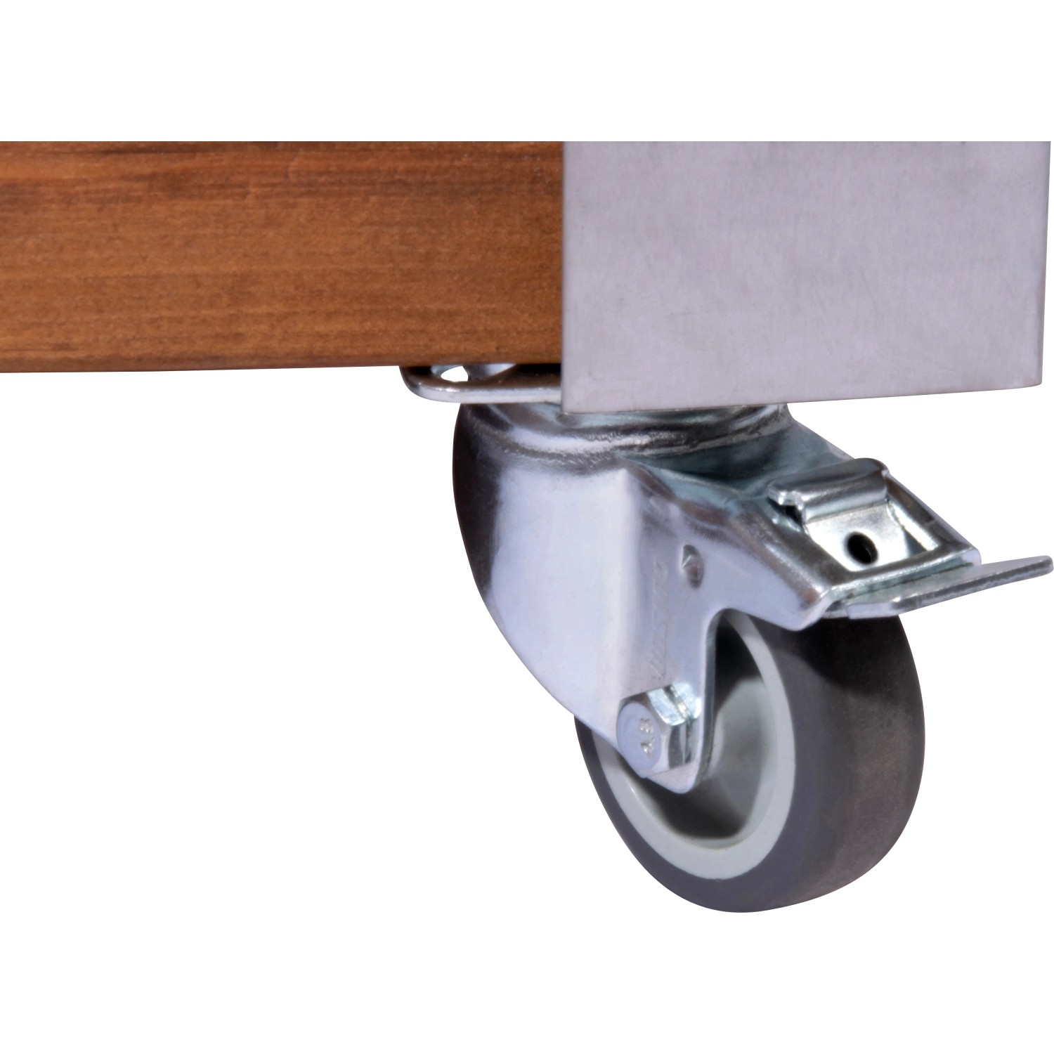 Detailaufnahme: Rolle mit Feststellbremse am braunen Dobar Hochbeet Rollfi.