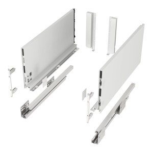 Zerlegtes SOTECH Junker Slim Schubkastensystem in Weiß. Zeigt schlanke Schubladenzargen, Soft Close Auszüge und Befestigungen.