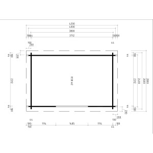 Grundriss Gartenhaus Fjordholz Modell Max 44 E: Abmessungen und Details des Holz-Gartenhauses.