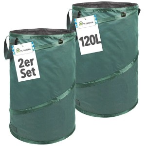 TTL GARDEN Pop Up Laubsack PREMIUM 120 L 2er Set – Gartensack Grün 220 g/qm Selbststehend