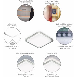 Steinel LED-Deckenleuchte RS LED D2 S Edelstahl mit Bewegungsmelder und Ambientelicht.