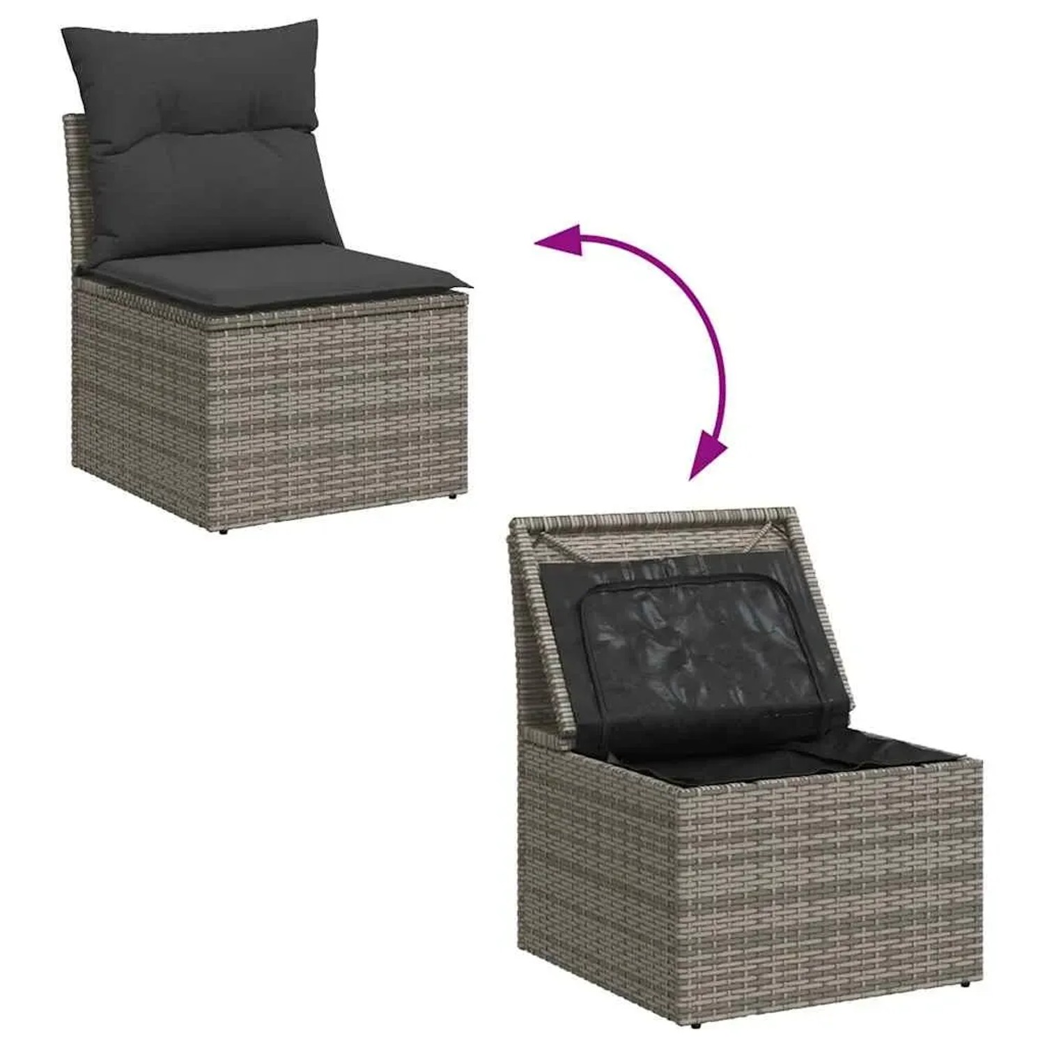 Graue 6-tlg. Garten-Sofagarnitur aus Rattan mit Kissen und Stauraum mit wasserfestem Beutel.
