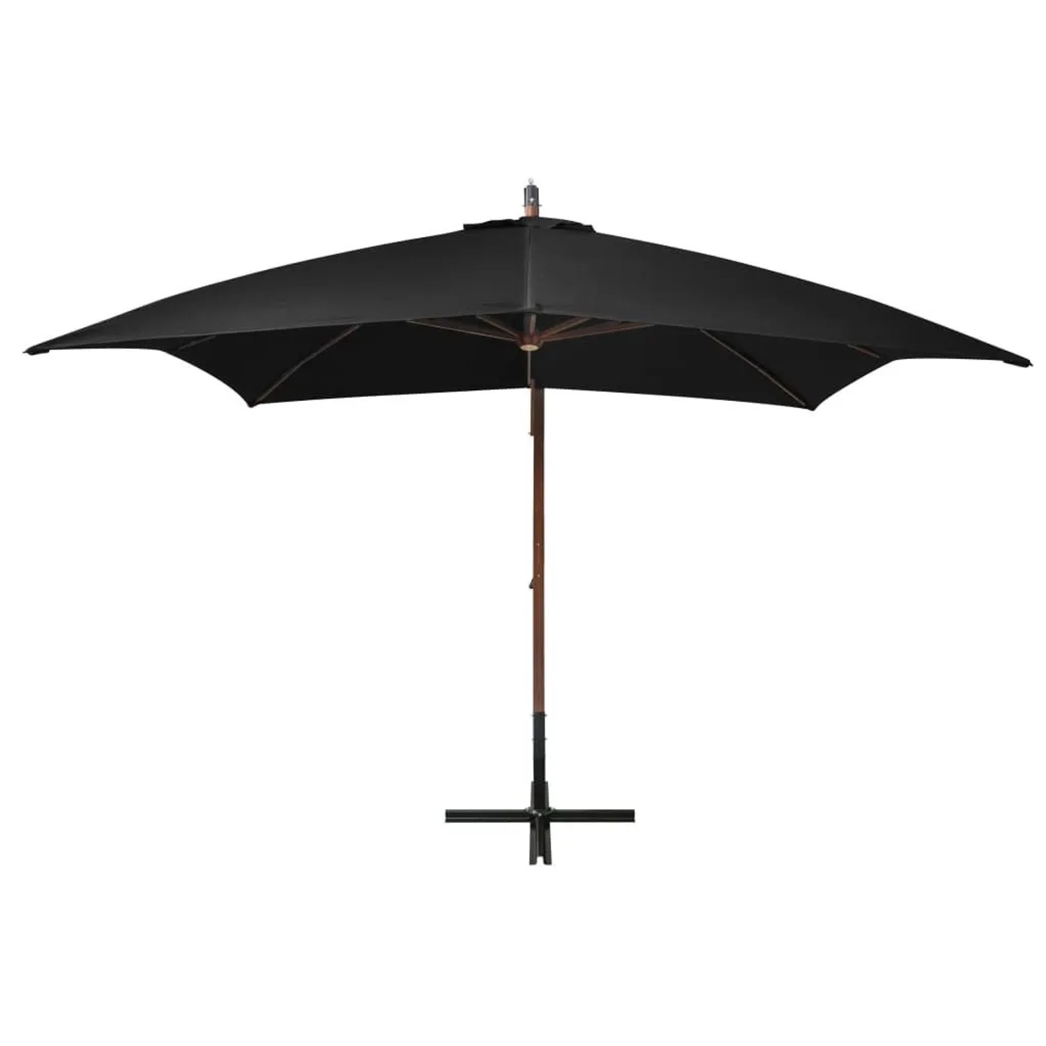 Schwarzer Ampelschirm 3x3 m mit Tannenholz-Mast und Stahl-Kreuzfuß für Garten und Terrasse.