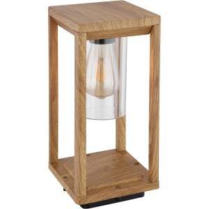 Globo Candela Sockelleuchte in Holzoptik, 35cm hoch, mit klarem Zylinder. Für Garten und Terrasse.