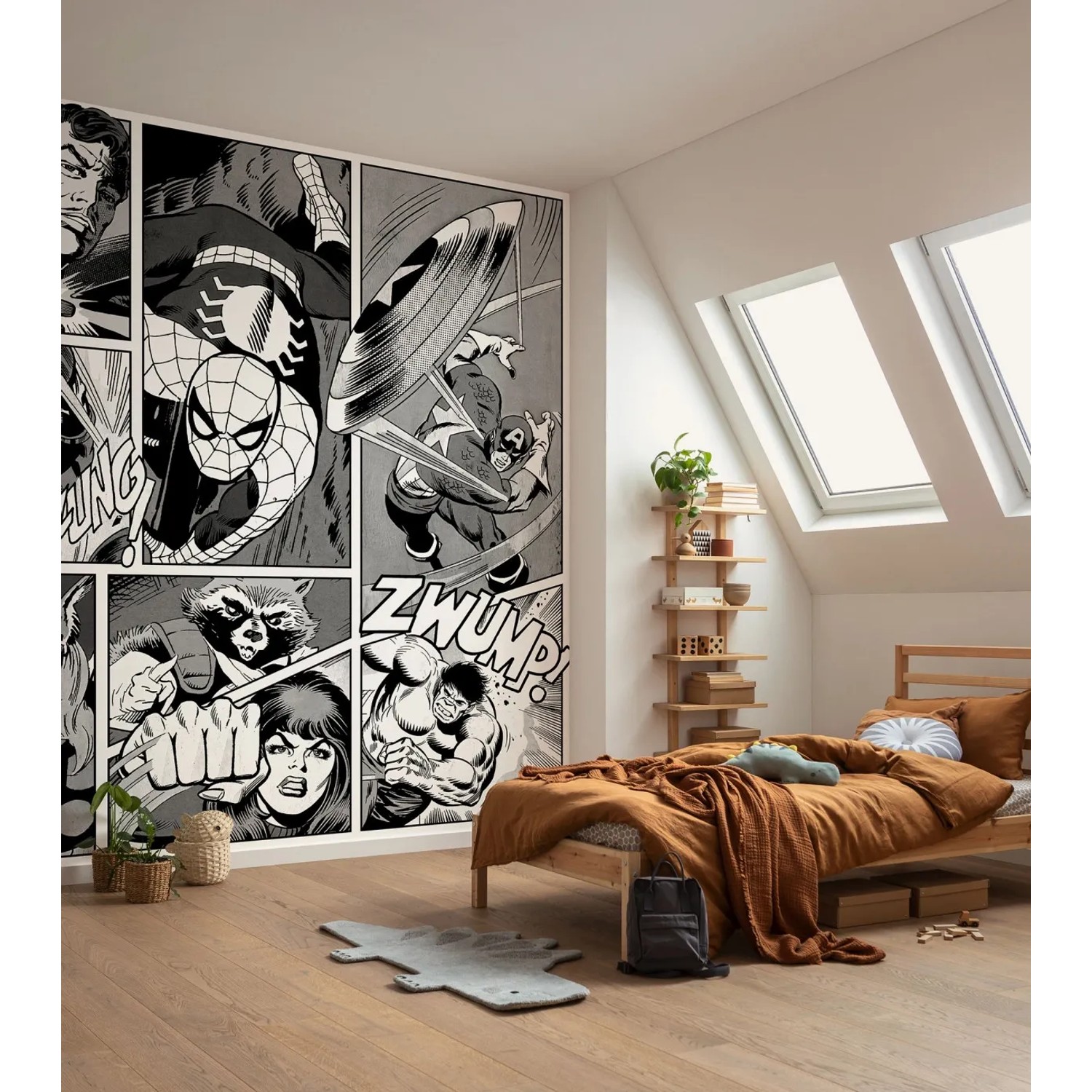 Komar Fototapete Marvel Comic im Kinderzimmer, schwarz-weiß mit Spider-Man und Hulk.