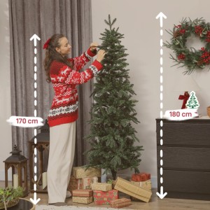 Grüner, schmaler HOMCOM künstlicher Weihnachtsbaum, 180 cm hoch, wird von einer Frau dekoriert. Festliche Weihnachtsdekoration.