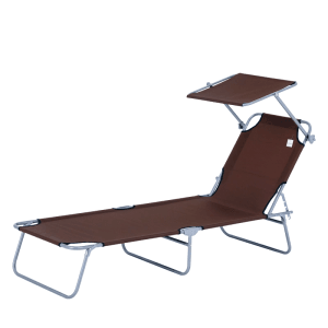Braune klappbare Sonnenliege mit verstellbarem Sonnendach und stabilem Metallgestell. Ideal für Garten & Camping.