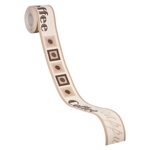 Selbstklebende A.S. Création Borte Coffee Küche in Braun mit Kaffeemotiven, 5 m x 5 cm.