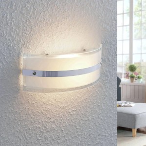 Moderne LED Wandleuchte Zinka in Weiß mit Chrom-Akzent für Wohnzimmer, Glas, 25cm breit.