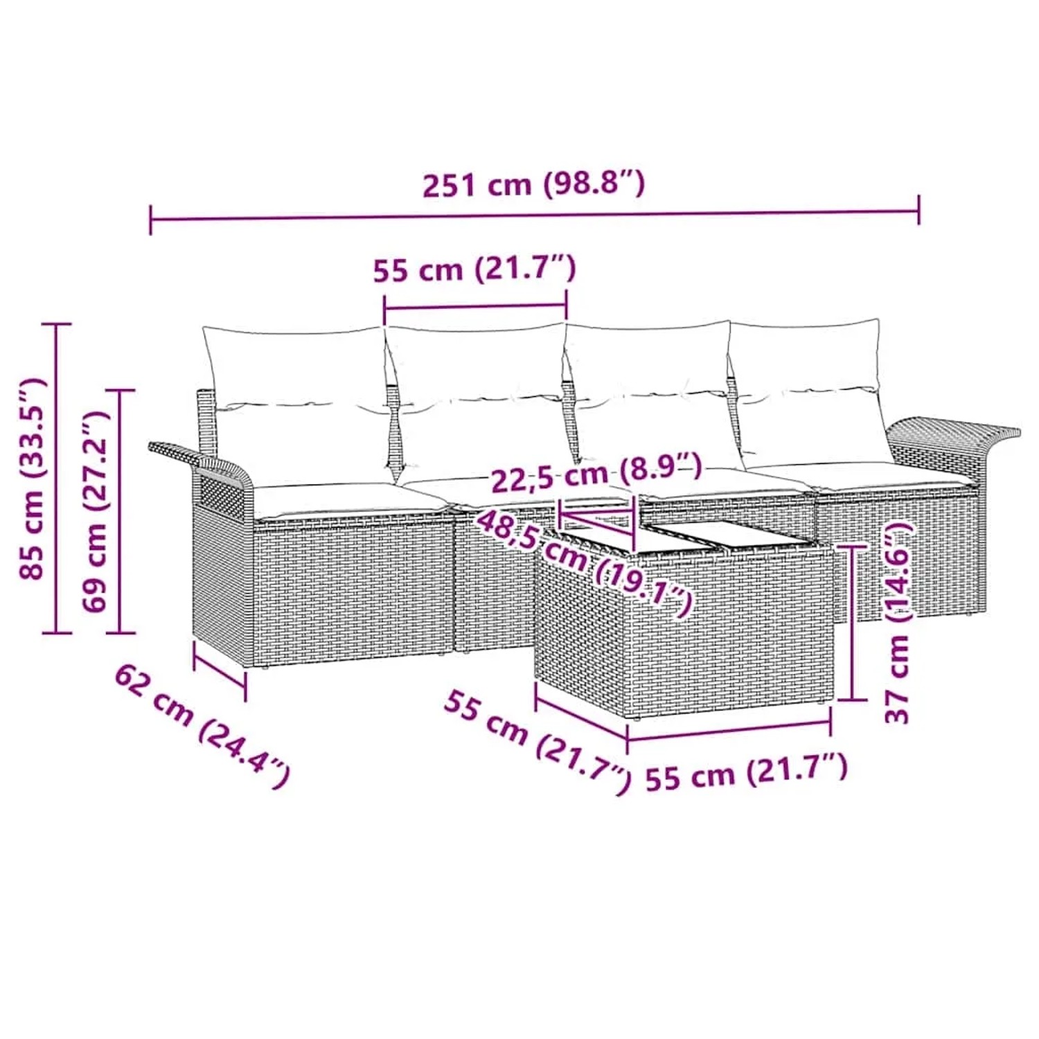 vidaXL Gartenmöbel Set, 5-teilig, braunes Poly Rattan, mit Sofa, Sesseln und Tisch, Maße