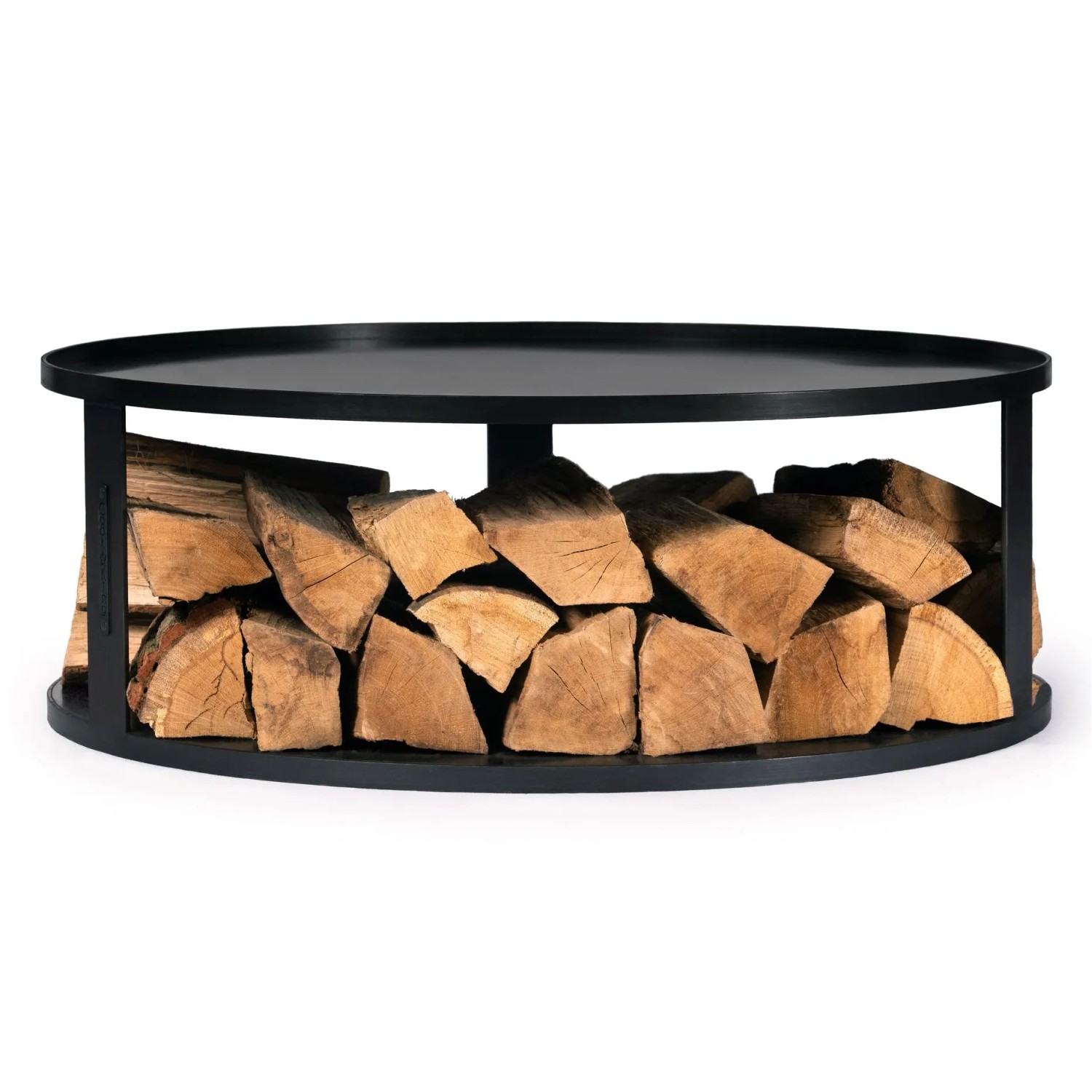 Schwarze CookKing Feuerschalen Stahlbasis mit Holzlager für Ø 82 cm Feuerschale.