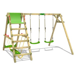 Fatmoose Schaukel JollyJade mit Kletterleiter und zwei grünen Schaukelsitzen.