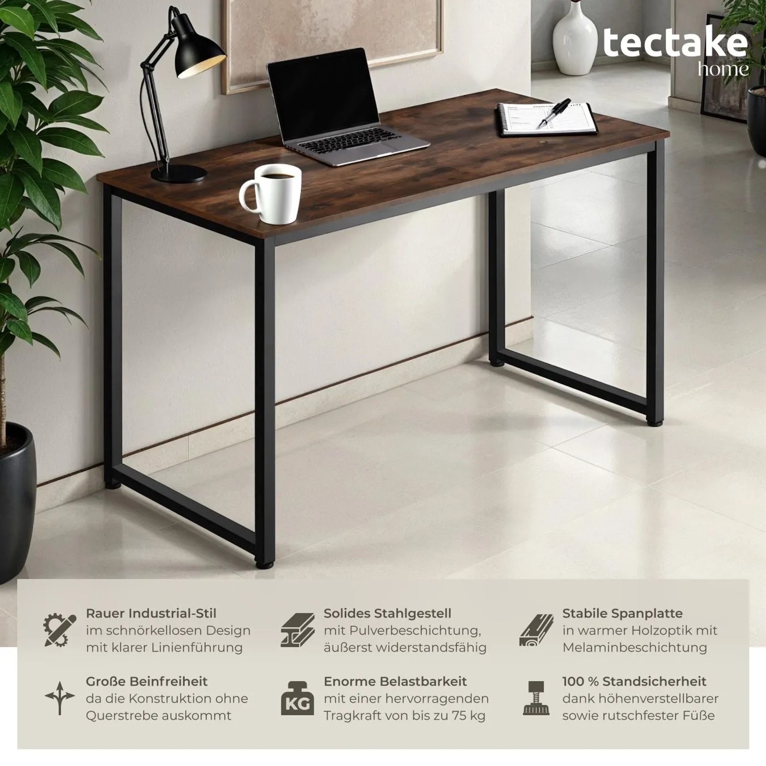 Tectake Schreibtisch Flint im Industrial Style mit Holzplatte und schwarzem Stahlgestell.