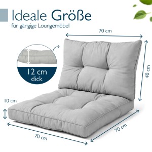 Beautissu Lounge Kissen Set XLuna hellgrau. Sitzkissen 70x70cm, Rückenkissen 70x40cm, 10/12cm dick für Gartenmöbel.