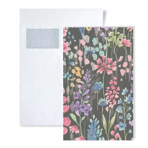 Musterstück Aquarell Tapete mit Blumenmuster, DIN A4 Bogen.