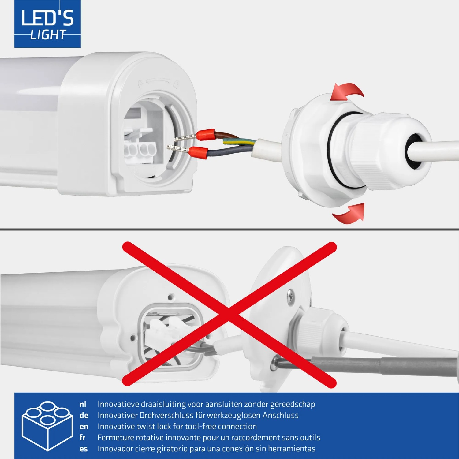 LED Feuchtraumleuchte: Detailansicht des werkzeuglosen Anschlusses.