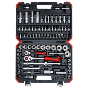 Gedore Steckschlüssel-Satz, 94-teilig, mit Knarren, Nüssen und Bits im Werkzeugkoffer.