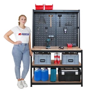PROREGAL Werkbank GIANT BEAST mit Lochwand, Werkzeug und 3 Regalböden. Ideal für Werkstatt & Garage.